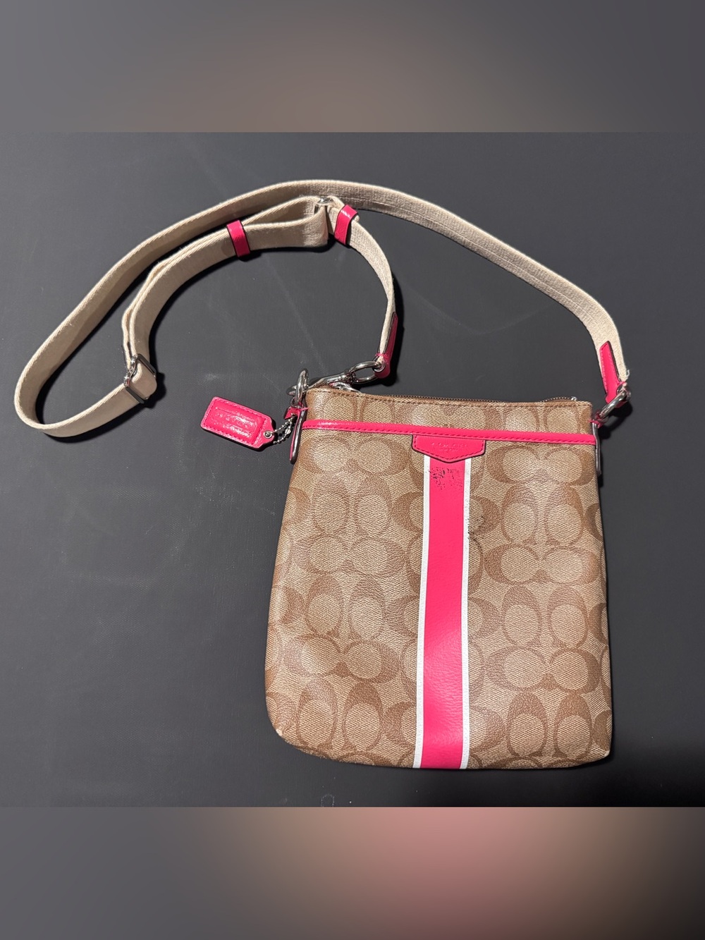 COACH Signature Heritage Stripe File Bag Crossbody Khaki Hot Pink Canvas 11355